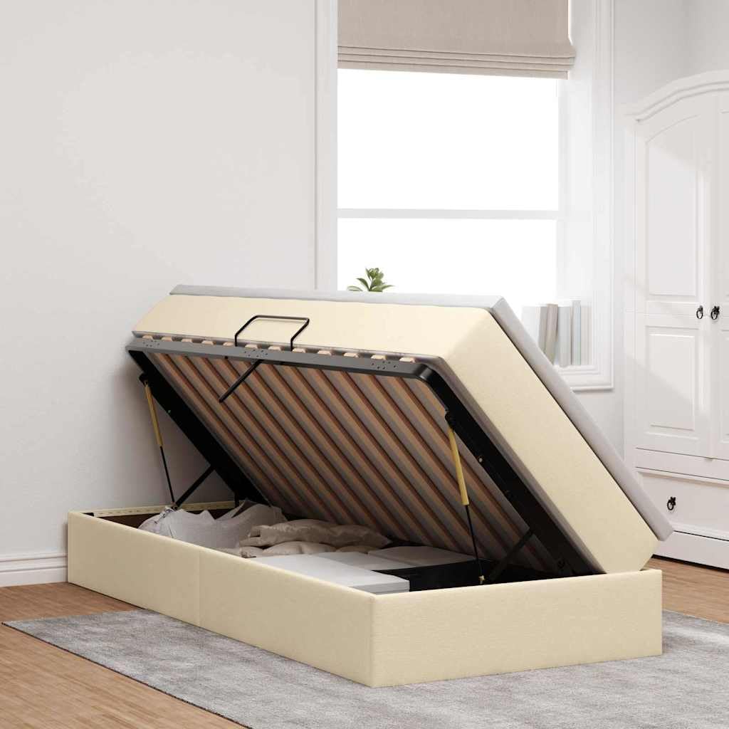 Letto portaoggetti con materasso crema, 90 x 200 cm, in poliestere, telaio in metallo, letto singolo con vano portaoggetti e meccanismo di sollevamento idraulico, moderno letto imbottito per