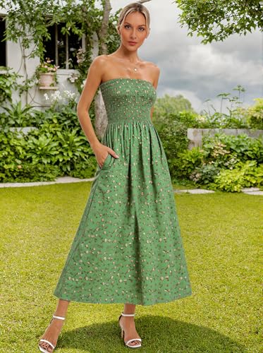 Image of Aigeman Women Strapless Tube Maxi Dress Flowy Swing Long Beach Sundress Sleeveless Boho Summer Dress with Pokets 330