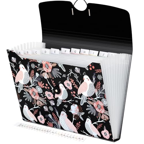 Image of Uquelic 13 Pockets Expanding File Folder with Labels, A4 File Organizer, Floral Printed Accordion Folder, Transparent Inner Pages Document Filing Box for School Office Supplies (Bird Print)