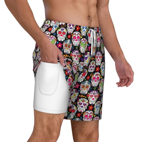 Men's Colorful Flower Skulls Print Quick-Dry Mesh Swim Trunks Stretch Lining Beach Shorts Surfing Summer Vacations