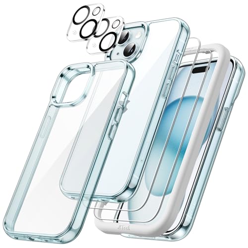 JETech 5 en 1 Funda para iPhone 15 6,1 Pulgadas con 2 Protector Pantalla Cristal Vidrio Templado y 2 Protector Lente Cámara, Carcasa Anti Amarillo Antigolpes (Azul)