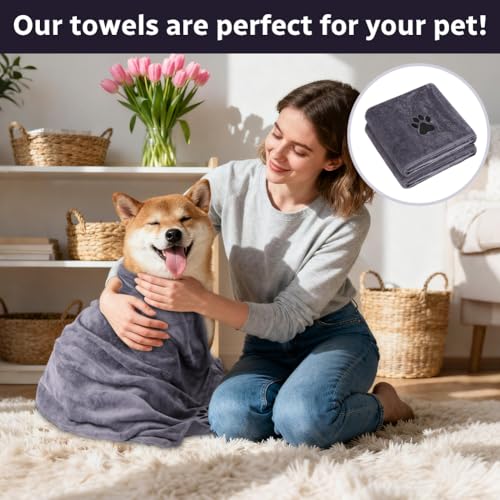 Adiwo 2 Stück Hunde Handtuch, 100 * 50 cm Hundehandtuch Extra saugfähig, Schnelltrocknend Haustier Mikrofaser Handtücher, Geschenk Geeignet für Hunde Katzen Oder Andere Haustiere, Grau
