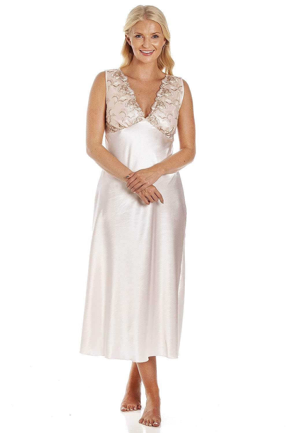 Camille Womens Luxury Satin Lightweight Chemise - Ladies Plain Sleeveless Lace Nightdress - Breathable & Comfortable Summer Nightwear Peach 14-16