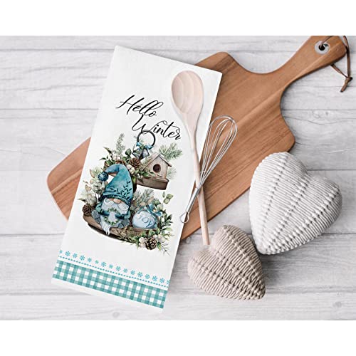 Seliem Hello Winter Gnome Joy Kitchen Dish Towel, Blue Buffalo Plaid Check Wood Tiered Tray It’s Cold Outside Tea Hand Drying Baking Cloth, Birdhouse Pine Cone Decor Home Decorations 18 X 28 2 Packs #TOP4