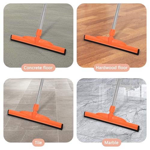 Image of Floor Squeegee Scrubber, 17'' Heavy Duty Household Broom EVA Foam Blade Rubber Wiper Squeegee for Concrete Floor Garage Shower Bathroom Tile Scrubber 60'' Long Handle Multifunction Magic Broom(Orange)