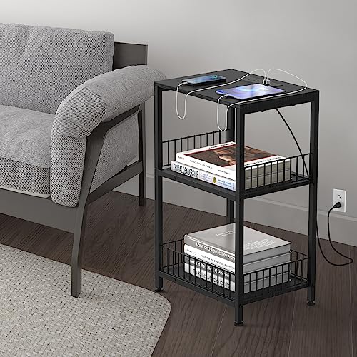Nightstand With Charging Station 3-Tier End Table Black With Usb Ports And Power Outlets Sofa Bedside Table With Storage Shelves And Wood Metal Frame For Small Places Living Room Bedroom Office Modern #TOP5