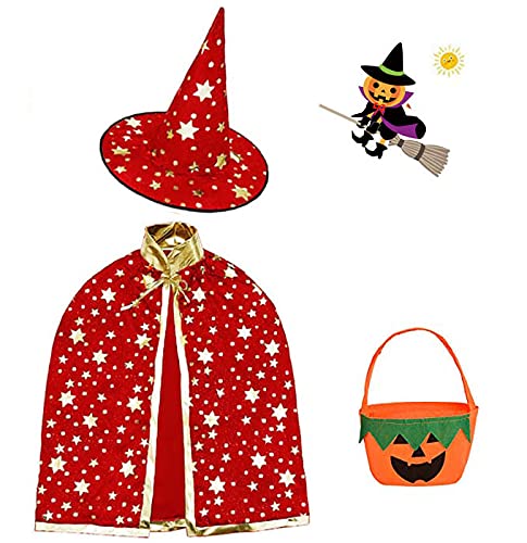 Halloween disfraz niño mago capa, Disfraz bruja bebe unisex(2 -13años)con Sombrero de mago con Bolsa caramelos, Infantil de Cosplay Fiesta espectáculo de escenario disfraces de halloween (Rojo Magia) Cover
