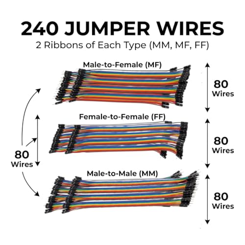 Image of Tishvi 240 Jumper Wires Kit - 80 M-M + 80 M-F + 80 F-F Breadboard Connecting Cables for Arduino, Raspberry Pi, ESP32 & DIY Electronics