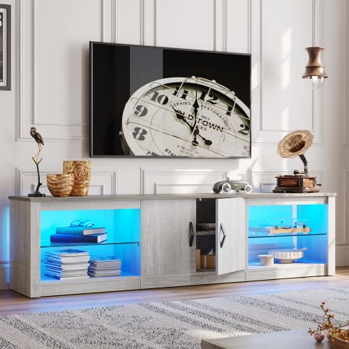 Bestier 70 Inch Led TV Stand for 75 Inch TV Large Entertainment Center Gaming with Adjustable Glass Shelves Two Cabinets Modern TV Console for Living Room 22 RGB Modes, Wash White 70 Inch Wa