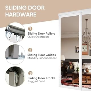 SOLRIG Sliding Closet Door, 60"(Double 30.98") x 80", 1-Lite Mirror Sliding Door with Hardware Track Kit & Floor Guide, Finished Doors 2 Panels, MDF, Whit