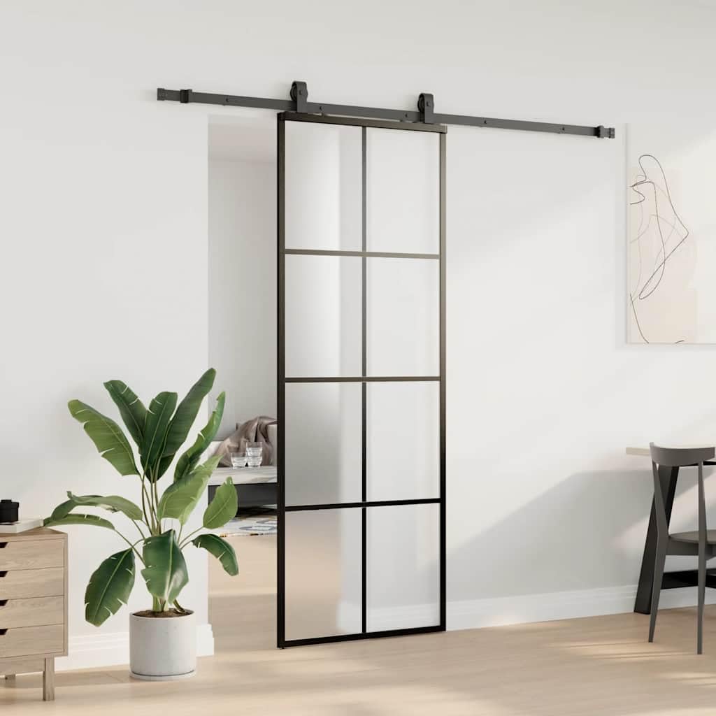 Mangloder - Porta scorrevole con ferramenta nera, 76 x 205 cm, vetro ESG da 5 mm, satinato, acciaio verniciato a polvere, antiruggine, silenziosa, salvaspazio, per stanza, casa, ingresso, appartamento