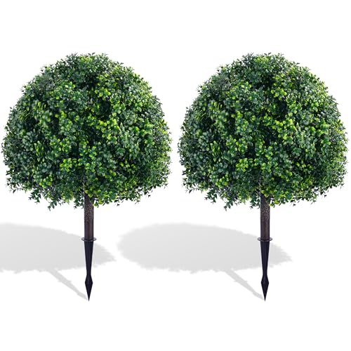 24 Artificial Boxwood TopiaryTree Faux Boxwood Plants Shurbs with Spike 2 Set Topiary Ball Tree Waterproof UV Resistant Fake Pot Filler Plants for Planter Porch Home Outside Garden Spring Decor