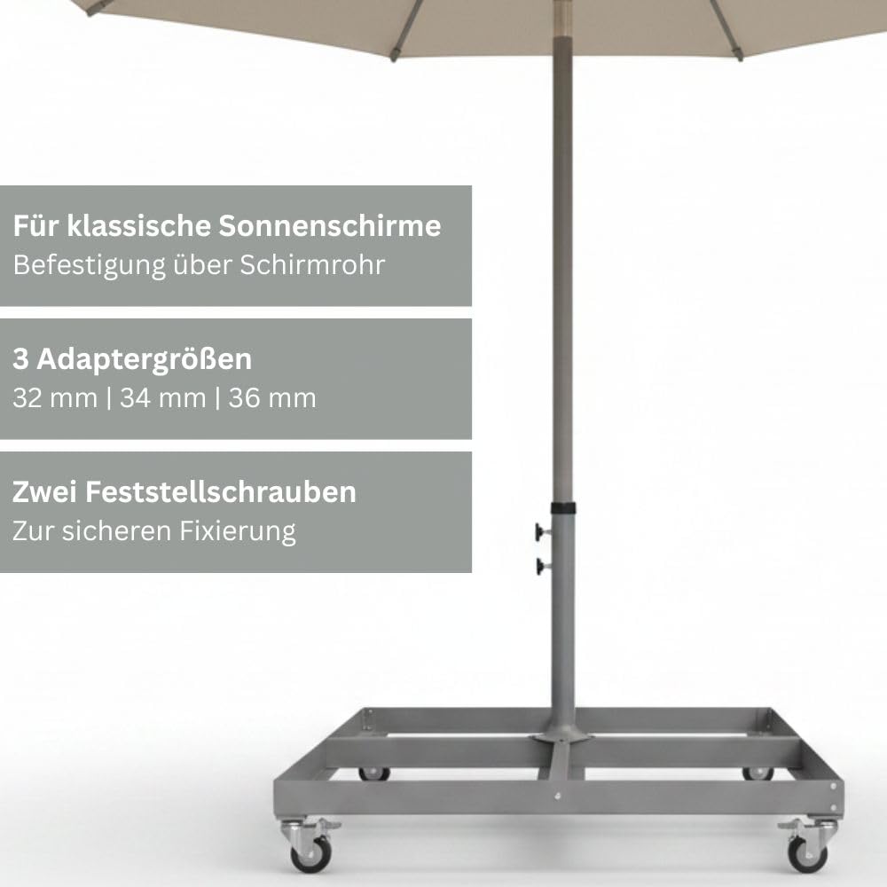 RS Trade Universal Sonnenschirmständer mit Rollen aus pulverbeschichtetem Stahl, inkl. Schirmrohr mit Adaptern 32/34/36 mm und 5-Loch-Aufnahme, für Ampelschirme, Mittelstockschirme & Marktschirme