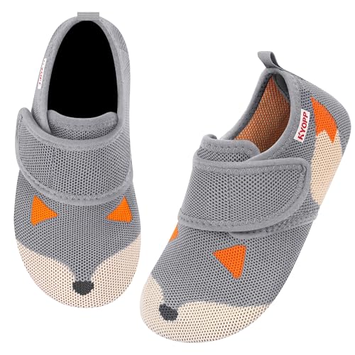 Kyopp Hausschuhe Kinder Barfussschuhe Klettverschluss für Jungen Mädchen Atmungsaktive Breite Pantoffeln Rutschfest Kindergarten Slippers(Fuchss Grau, 28/29EU)