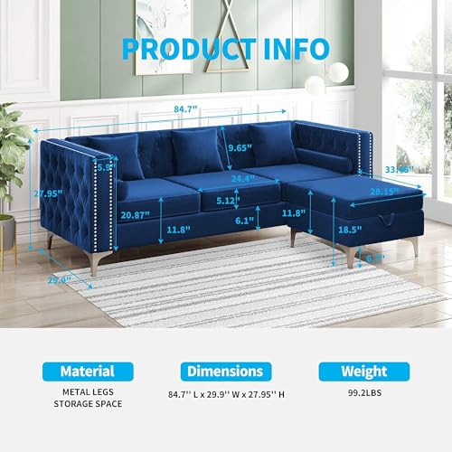 Image of 3 Seater Chesterfield Sofa with Chaise Lounge, Couches for Living Room, L-Shaped Couch with Storage Ottoman, Sectional Couch for Small Living Room, ((Velvet Blue)