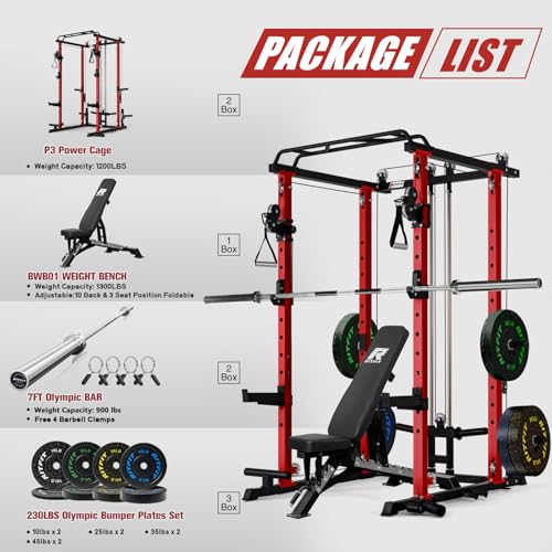 Image of RitFit Multi-Function Garage & Home Gym Package Includes 1200LBS Power Cage PPC03 /P3 with Cable Crossover System, Weight Bench, Olympic Barbell Weight Set, Full Body Workout