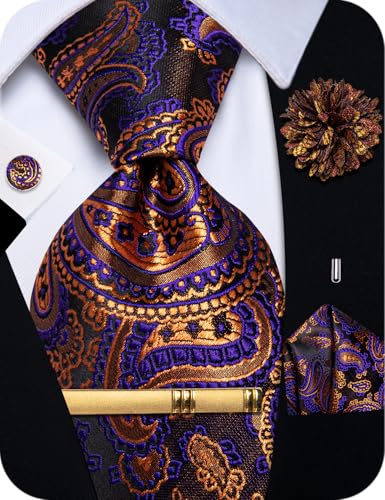 Image of YourTies Silk Paisley Floral Tie and Pocket Square Cufflinks with Lapel Pin Sets for Men 5PC Wedding Party