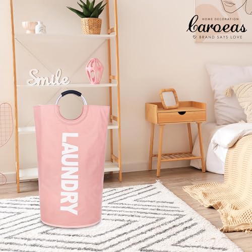 Image of Caroeas 90L Collapsible Laundry Basket, Waterproof Laundry Bag (8 Colors) for Baby, Large Washing Basket with Padded Handles Stands Up Well for Easy Storage, Pink