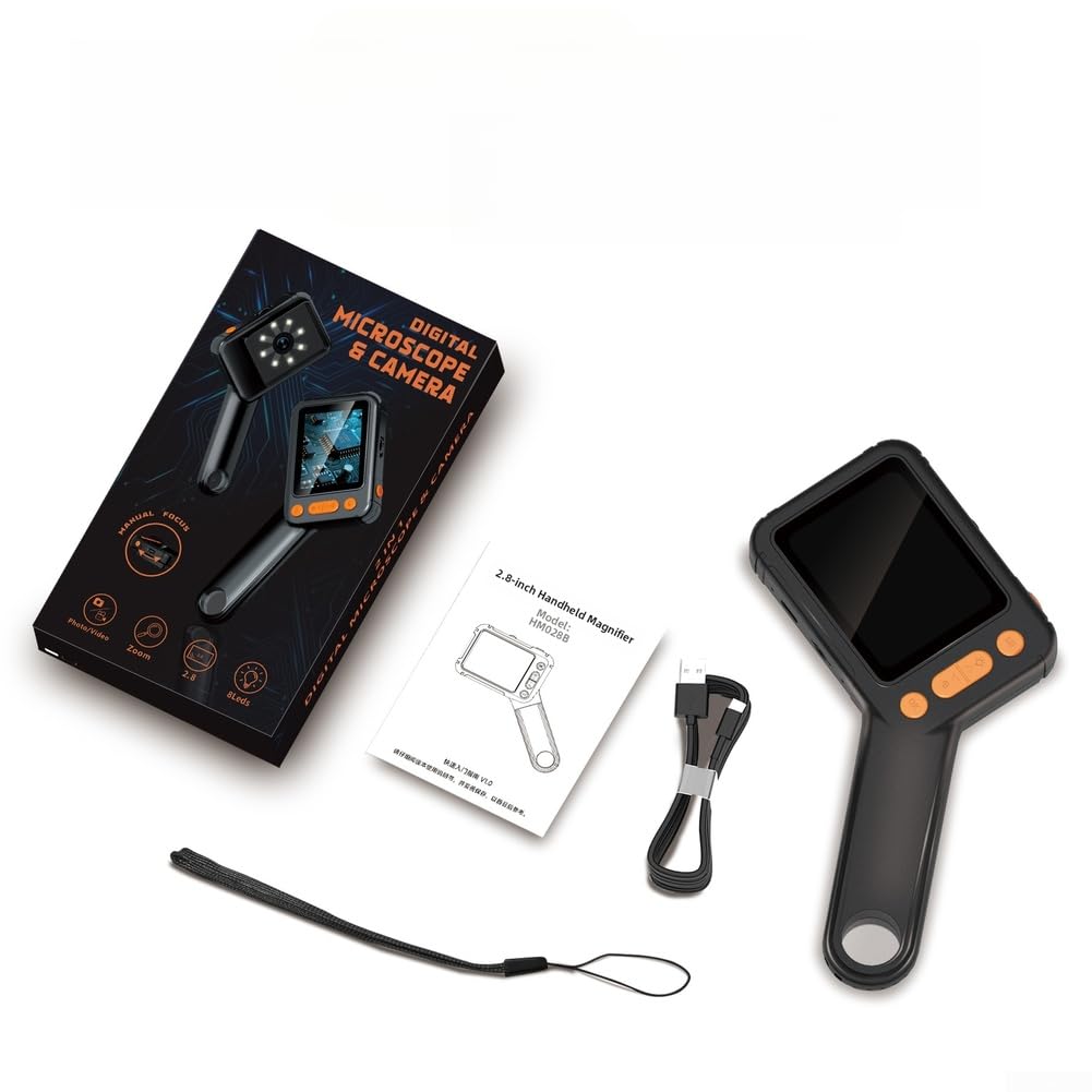 Digitales Mikroskop mit 2,8-Zoll-IPS-Display, Schiebe- und 8 LED-Lichtern, USB-C Aufladbar für Gemologie und Biologie, Schwarz