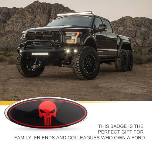 Image of 2 PCS Car Grille Hood Sticker, Front Grille Skull Badge, Car Tailgate Badge, Compatible with Ford F150 F250 (Black & Red)
