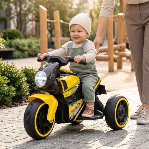 Image of MEKASHI 6V Electric Ride-On Bike for Kids | Bumble Yellow | Battery Operated Motorcycle with Bluetooth Music, LED Headlight, Foot Accelerator & Training Wheels | Ride-On Toy for Boys & Girls 1-4 Years