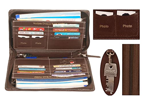 Image of Sukeshcraft Cheque Book Holder for 8 Cheque Books | Multi-Pocket Rexine Organizer I Locker Key Holder | Handy 6.25 x 10.80 x 1.80 inch. Size - Coffee Brown