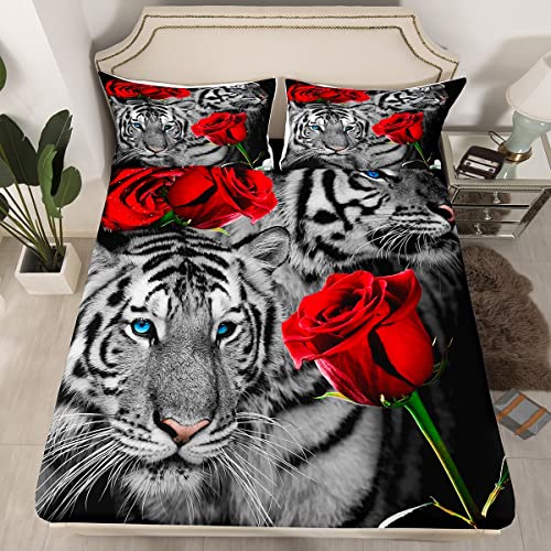 White Tiger Fitted Sheet Twin Size, Red Rose Flowers Print Floral And Wildlife African Animal Theme Bed Sheet With 1 Pillowcase, Soft Decorative Fabric Bedding All-Round Elastic Pocket, Room Gift #TOP6