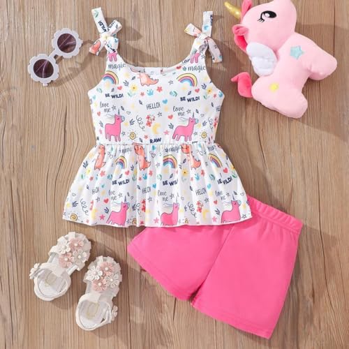 Image of Toddler Girls Clothes Summer Short Set Outfit Tie Knot Shoulder Sleeveless Ruffle Tops and Shorts 2PC Clothing Set