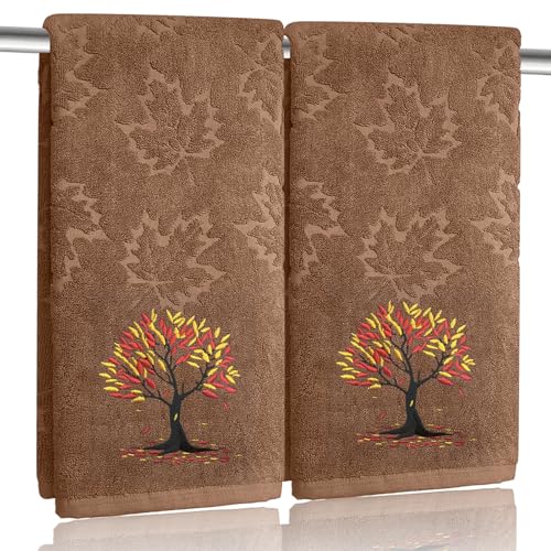2 Pcs Brown Fall Hand Towels for Bathroom 100% Cotton Jacquard Embroidered Autumn Tree Maple Leaves thanksgiving bath towels bathroom kitchen towels decorative gift Holiday Home Decor(Brown Tree)