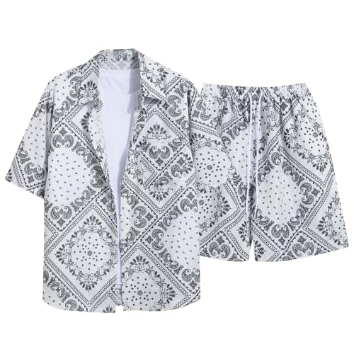 Sinzelimin Men Hawaiian 2 Piece Outfits Summer Beach Matching Set Short Sleeve Hawaii Floral Shirts and Shorts Two Piece Suit