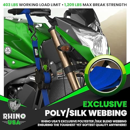 Image of Rhino USA Retractable Ratchet Straps (2-Pack) - 1 Inch x 10 Feet (1,209lb Break Strength) - Auto Self Retracting Tie Down Straps for Truck, Cargo Trailer, Motorcycle, ATV, UTV - Blue