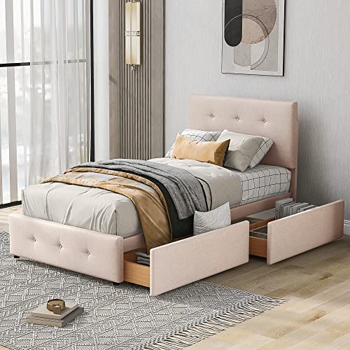 LTGB Polsterbett 90 x 200 cm Bett mit Lattenrost, Rückenlehne und Zwei Schubladen, hautfreundlicher Flanellstoff Beige flaches Einzelbett Kinderbett Jugendbett Gästebett (Dunkelbeige) Cover