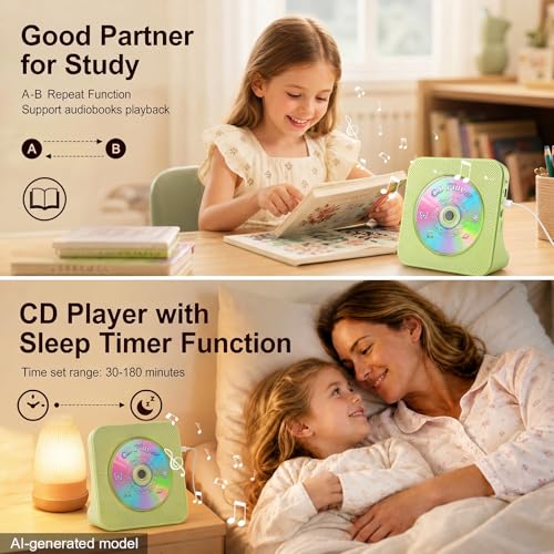 Image of Gueray CD Player Portable Bluetooth Desktop CD Player for Home with Timer Built-in HiFi Speakers with LCD Screen Display Boombox FM Radio USB Type-c (Green)