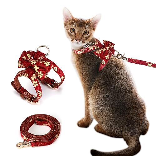 猫用 小型犬 ハーネス ペット用 安全首輪 猫リード 猫牽引ロープ リード付き首輪 胴輪 革製 調整可能 着脱簡単 超軽量 引っ張り防止 脱走防止 蝶結び 和柄 桜模様 (ワインレッド, Mサイズ (x 1)) ワインレッド Mサイズ (x 1)