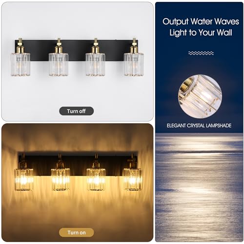 Image of She's home 4 Light Crystal Vanity Lights for Bathroom - Black and Gold Modern Bathroom Vanity Lights Over Mirror 28 Inch, Bathroom Wall Lighting E26 Base