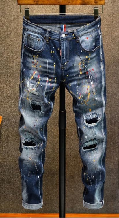 Men Street Jeans Retro Blue Paint Splatter Slim Fit Ripped Jeans Mens Stretch Trousers Hip Hop Denim ​​Trousers2