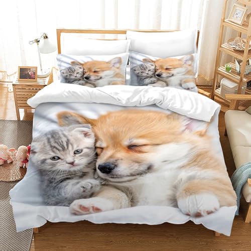 PORJDN Housse de Couette Chat,avec Housse de Couette et taie d'oreiller 65x65cm.Kitty Housse de Couette 3D Animal de Compagnie Ensemble Housse de Couette Chat....
