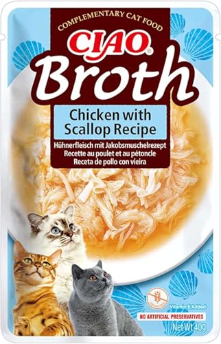 INABA Ciao Broth, Nassfutter fĂĽr Katzen mit Huhn und Jakobsmuscheln, 40g
