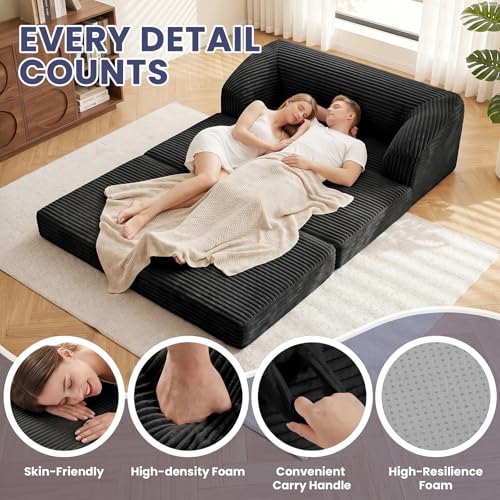 Image of JUIKURY Convertible Sofa Bed, 3-in-1 Foldable Loveseat Couch with Armrest, Corduroy Floor Sofa & Sleeper Bed, No Assembly High-Density Foam Futon Mattress for Living Room, Small Apartment, Dorm