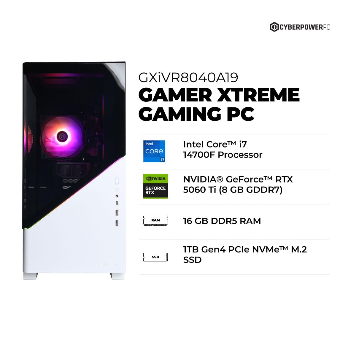 CyberPowerPC PC para Juegos Gamer Xtreme, Intel Core i7-14700F de 2,1 GHz, GeForce RTX 5060 Ti 8 GB, DDR5 de 16 GB, SSD PCIe 4.0 de 1 TB, Listo para WiFi y Windows 11 Home (GXiVR8040A19)