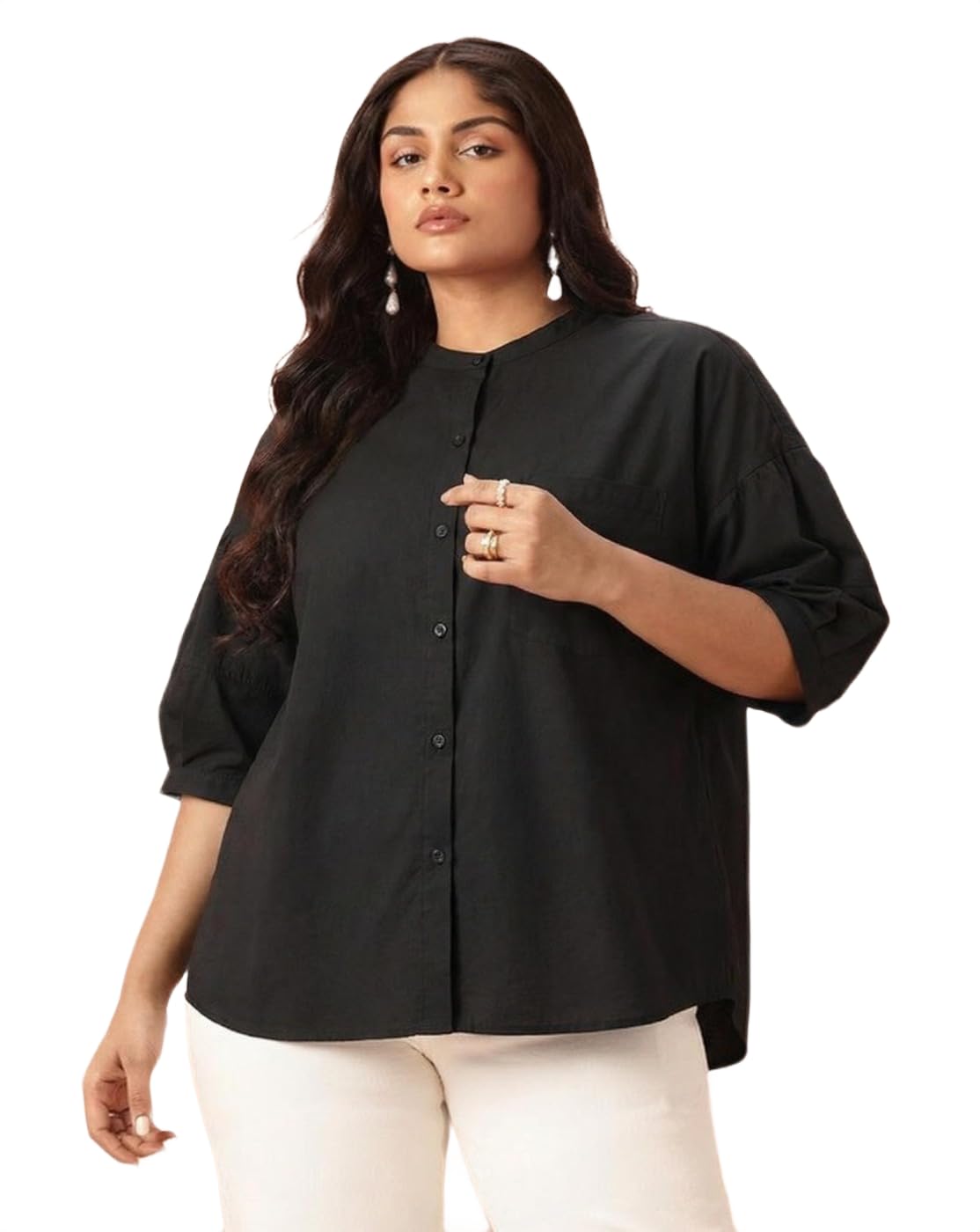 Women Plus Size Solid Black Mandarin Neck Shirt | Casual & Formal Wear Top-picture-33