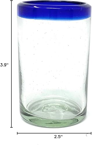 Miniatura 9 de Vasos mexicanos soplados a mano, juego de 6 vasos de jugo con bordes azul cobalto (8 onzas cada uno)