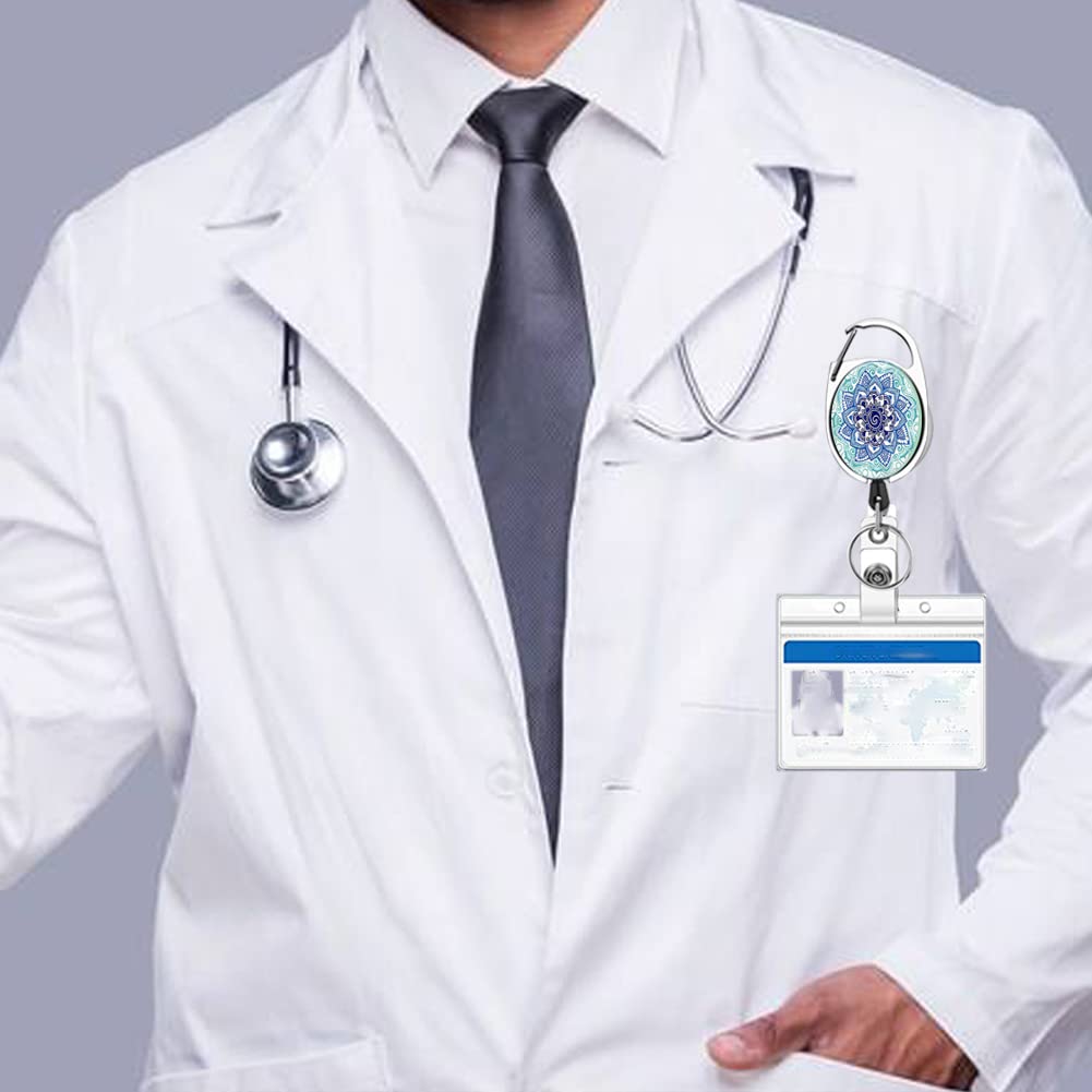 Carrete retráctil resistente con mosquetón para cinturón, llavero, bonito soporte para insignia, carretes de identificación para trabajadores de oficina, médicos, enfermeras, paquete de 3 (Mandala)