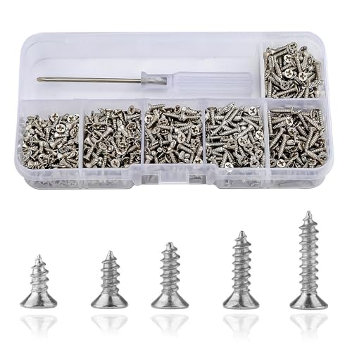 Roosea 1000 Pcs M2 Small Hinge Wood Screws 5/6/7/8/10 mm Tiny Flat Head Cross Small Wood Screws with Screwdriver for DIY Hinge Drawer Accessories(Silver)