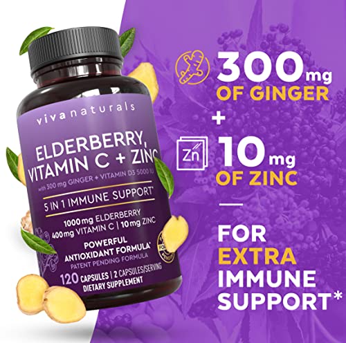 Viva Naturals Sambucus Elderberry With Vitamin C, Zinc, Vitamin D3 5000 Iu & Ginger (120 Capsules) - Antioxidant & Immune Support Supplement, 2 Month Supply - 5 In 1 Black Elderberry For Adults #TOP2