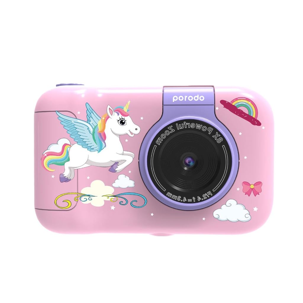 Porodo Lifestyle Kids Flip Camera with Tripod Stand 1000mAh,4H Battery Life,180 Flip Lens,2.4 Inches Wide Screen,5 Color Filters,1080P Full HD Video, 48MP Photos,Multi Language - Pink Flip Camera + Tripod Stand [Pink]