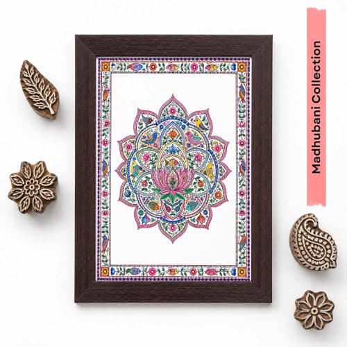 Image of PAPER PAJAMA Lotus Mandala Wall Art for Living Room | Madhubani Floral Mandala Painting | Traditional Mithila Folk Art Framed Decor for Home, Bedroom & Office (10x13 Inches)