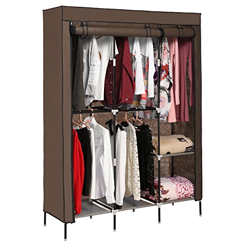 Portable Wardrobe Closets Durable Non-Woven Fabric Cloth Storage Shelf with Hanging Rod and 6 Storage Shelves, 4 Hanging Sections (Coffee)