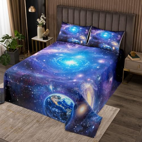 Loussiesd Juego de colcha de galaxia, cielo estrellado, constelación, cubrecama acolchado azul y morado planeta para niños y niñas, decoración de habitación de niños, vía láctea, espacio exterior