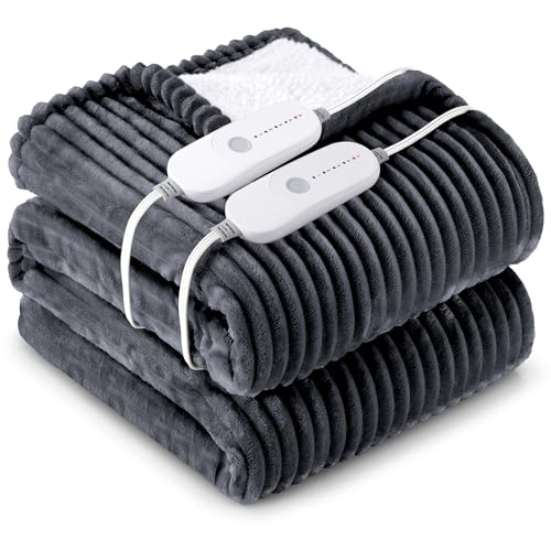 HYLEORY Heated Blanket Electric Queen, Soft Flannel Sherpa Heater 5 Heat Settings and 10 Hours Auto Shut-Off Heating Blanket ETL Certification Over-Heat Protection Machine Washable,Deep Grey